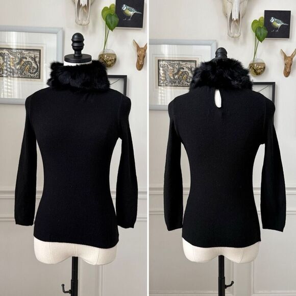 Bette Paige Black Stretchy Knit Rabbit Fur Mock Neck 3/4 Sleeve Top Sweater M - Picture 1 of 7